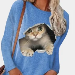 Topjes & Shirts Dames*Zomerse damesblouse met kattenprint