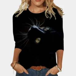 Topjes & Shirts Dames*Zomerse damesblouse met kattenprint Zwart